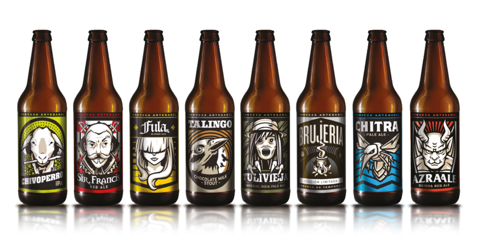Ocho botellas de cerveza artesanal Casa Bruja con etiquetas ilustradas de personajes diferentes, Por Alexander Wtges.