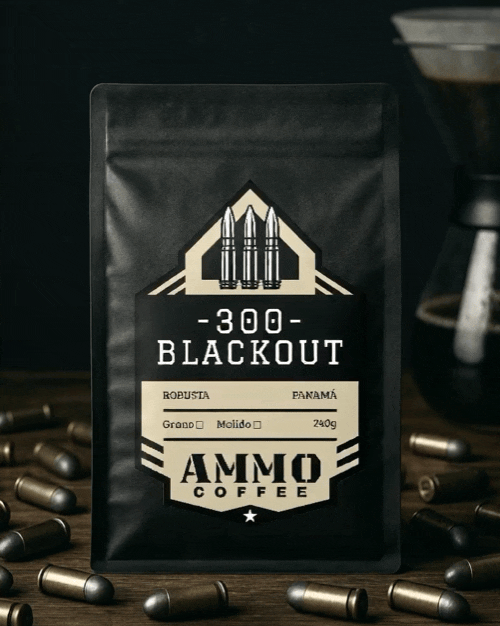 Paquete de café molido llamado '300 Blackout' con diseño de balas ilustradas en la etiqueta, rodeado de cápsulas de café en una mesa. para el rediseño de la marca AMMO Coffee