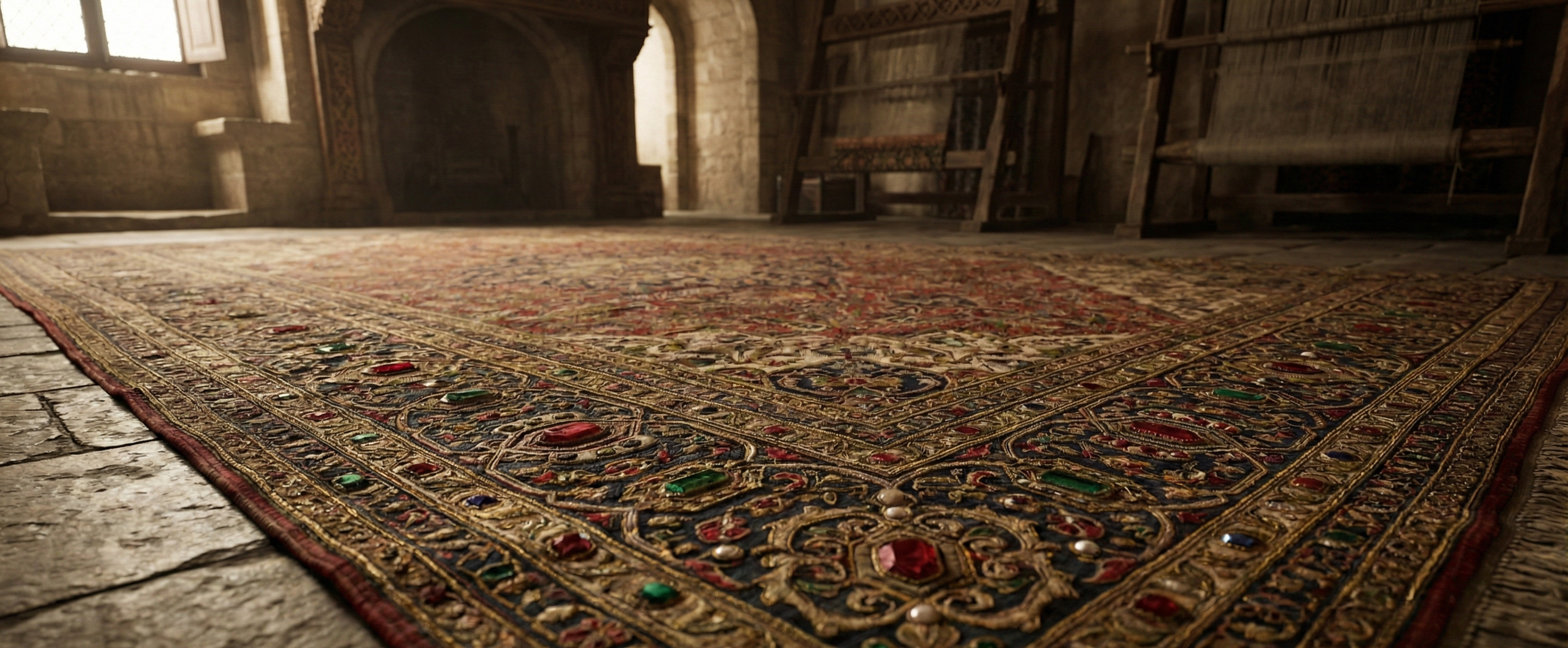 Close-up of a decorated, ornate rug with gold embroidery, colorful gemstones, and intricate patterns inside a stone-walled room with wooden furniture and windows.