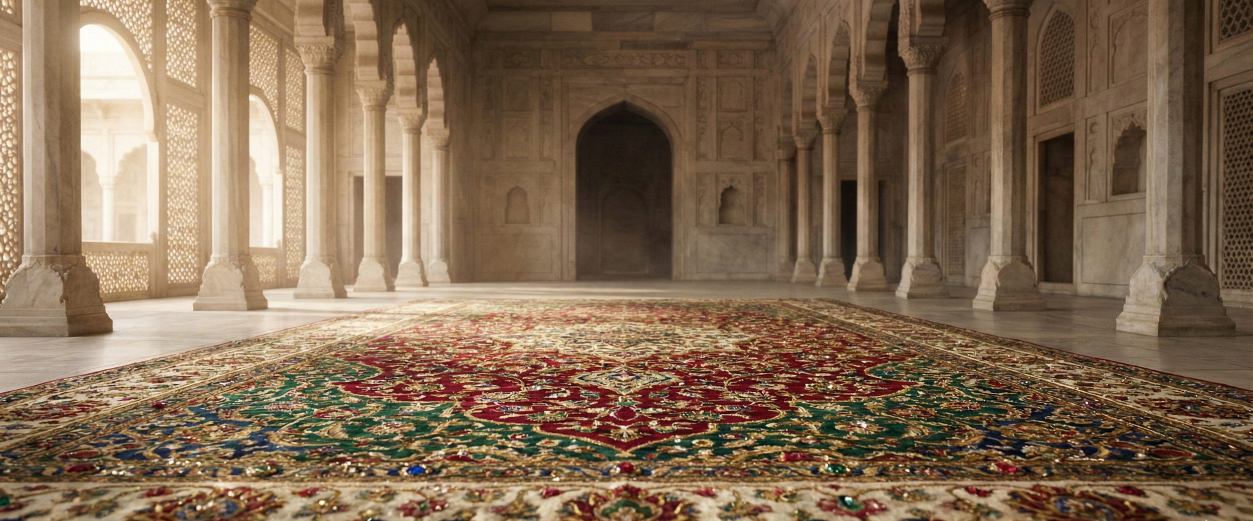 An ornately decorated room with marble columns, arched windows, and a richly patterned red and gold carpet.