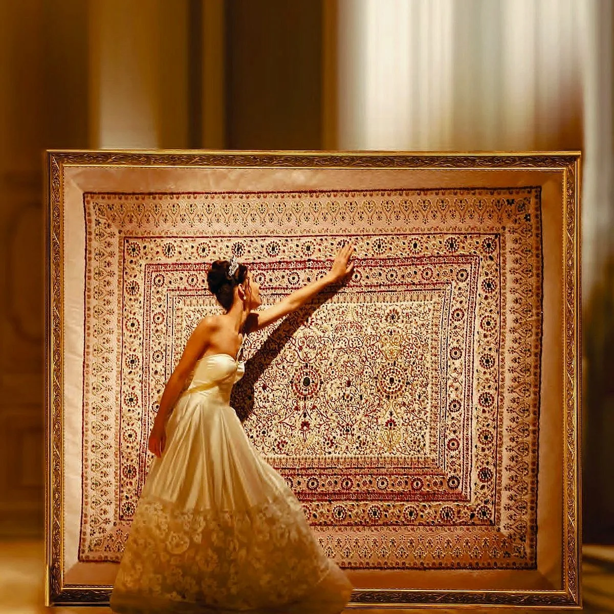 A woman in a bridal gown standing in front of a large, ornate rug in a gallery or museum, reaching out to touch it.