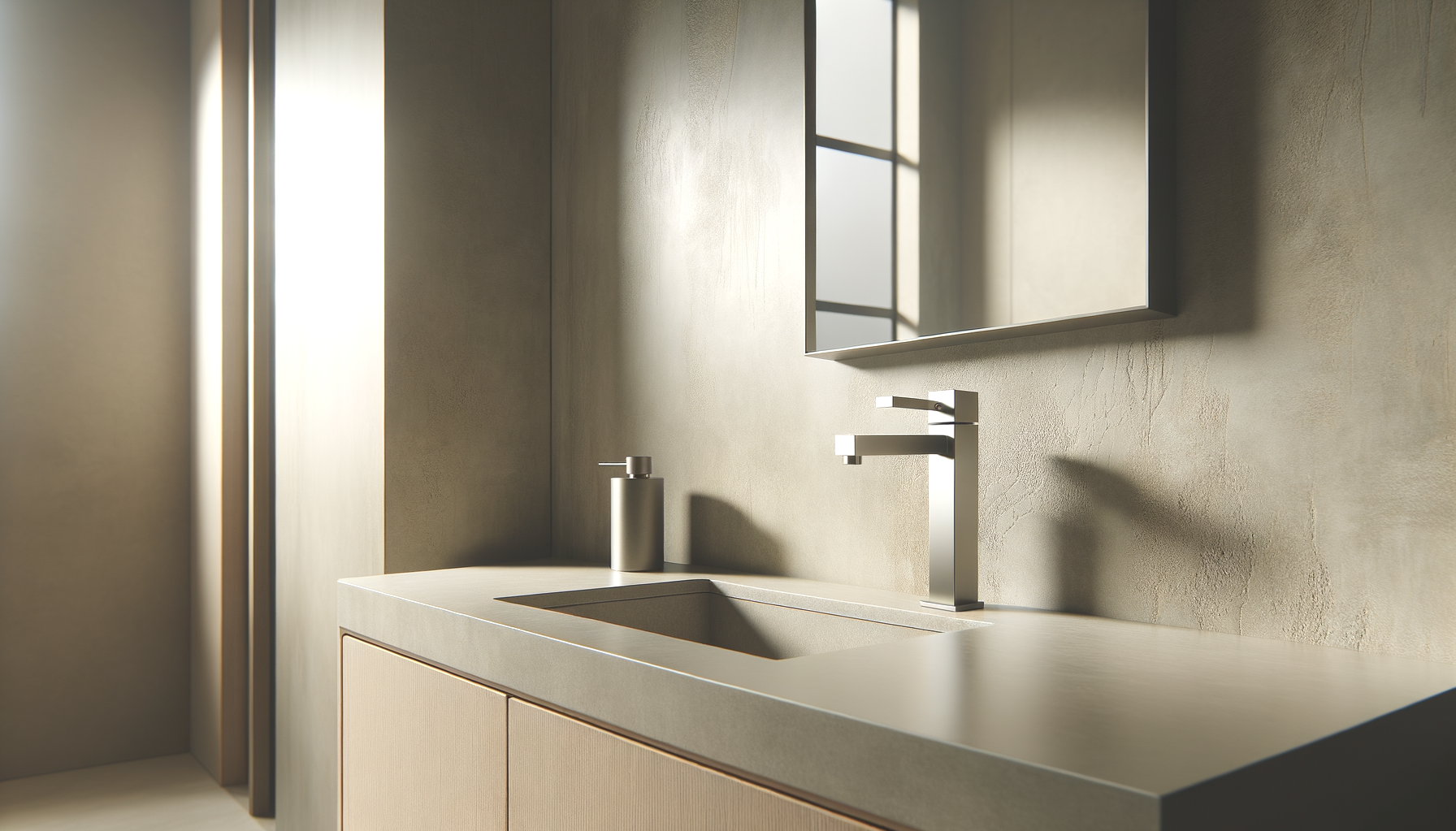Modern bathroom sink with a brushed metal faucet, soap dispenser, and mirror on beige textured wall.