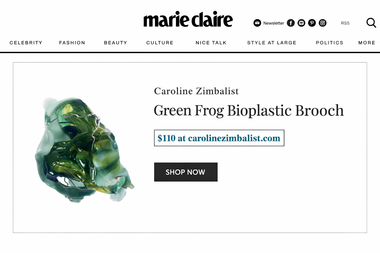 Marie Claire Phthalo Green Bio Brooch Mention