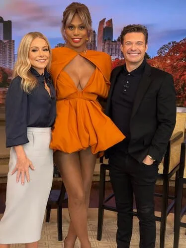 Laverne Cox wearing Biomaterial Flower Earrings Live with Ryan and Kelly