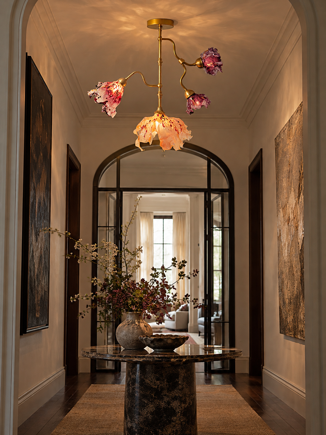 Luxe Arched Hallway with Art Glass Chandelier.png