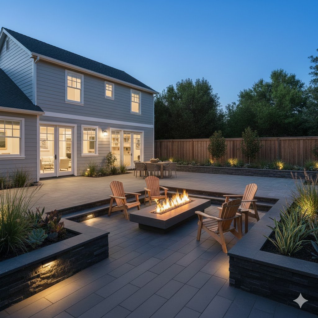 A backyard with a modern fire pit surrounded by wooden chairs, with the house's lit windows and a dining table in the background at dusk.