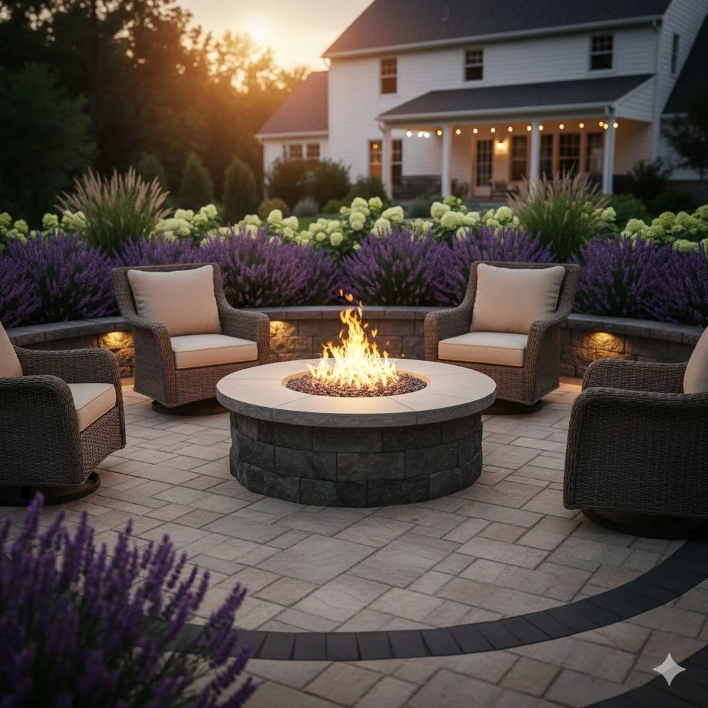 A backyard patio with a fire pit surrounded by four cushioned wicker chairs, purple flowering plants, and a white house with string lights in the background during sunset.
