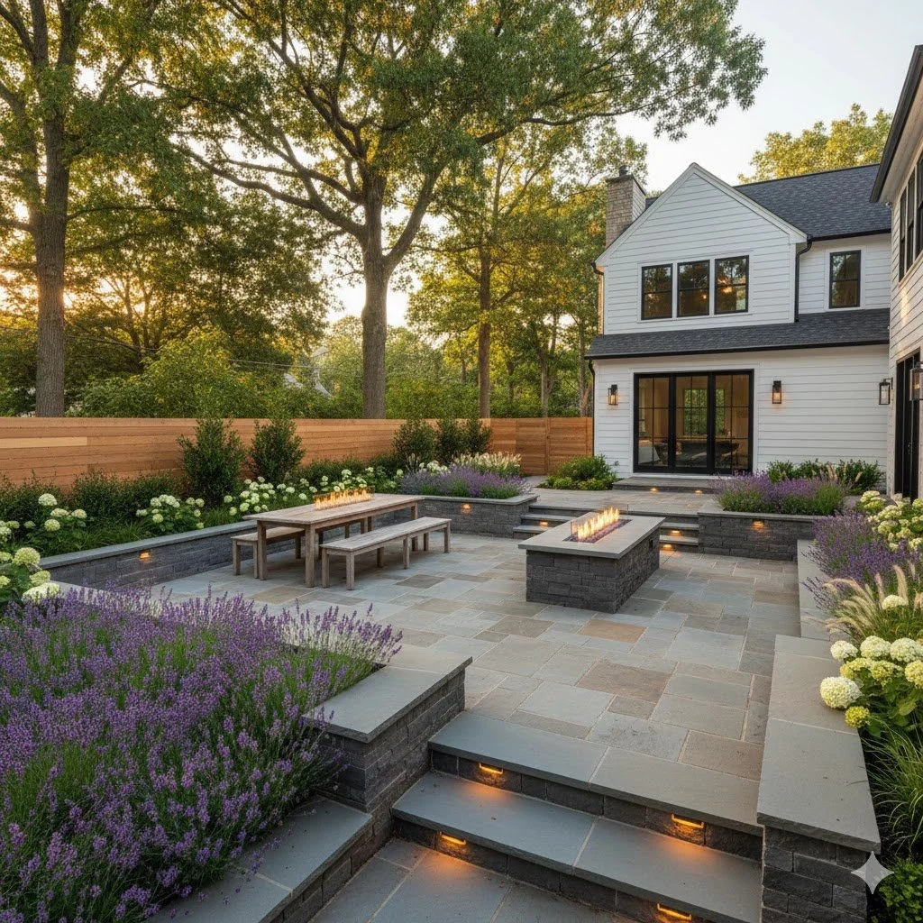 Backyard patio with fire pits, outdoor furniture, landscaped garden with blooming flowers, and a fence with a white house in the background.