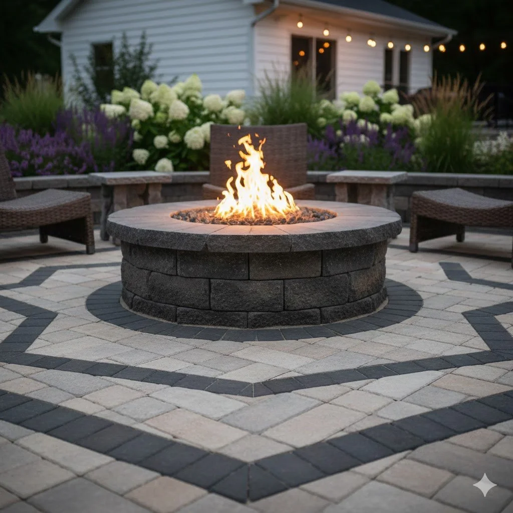 A backyard patio features a stone fire pit with burning flames. Surrounding the fire pit are four woven chairs. In the background, there are white hydrangeas and purple flowers, a white house with string lights, and a garden area.