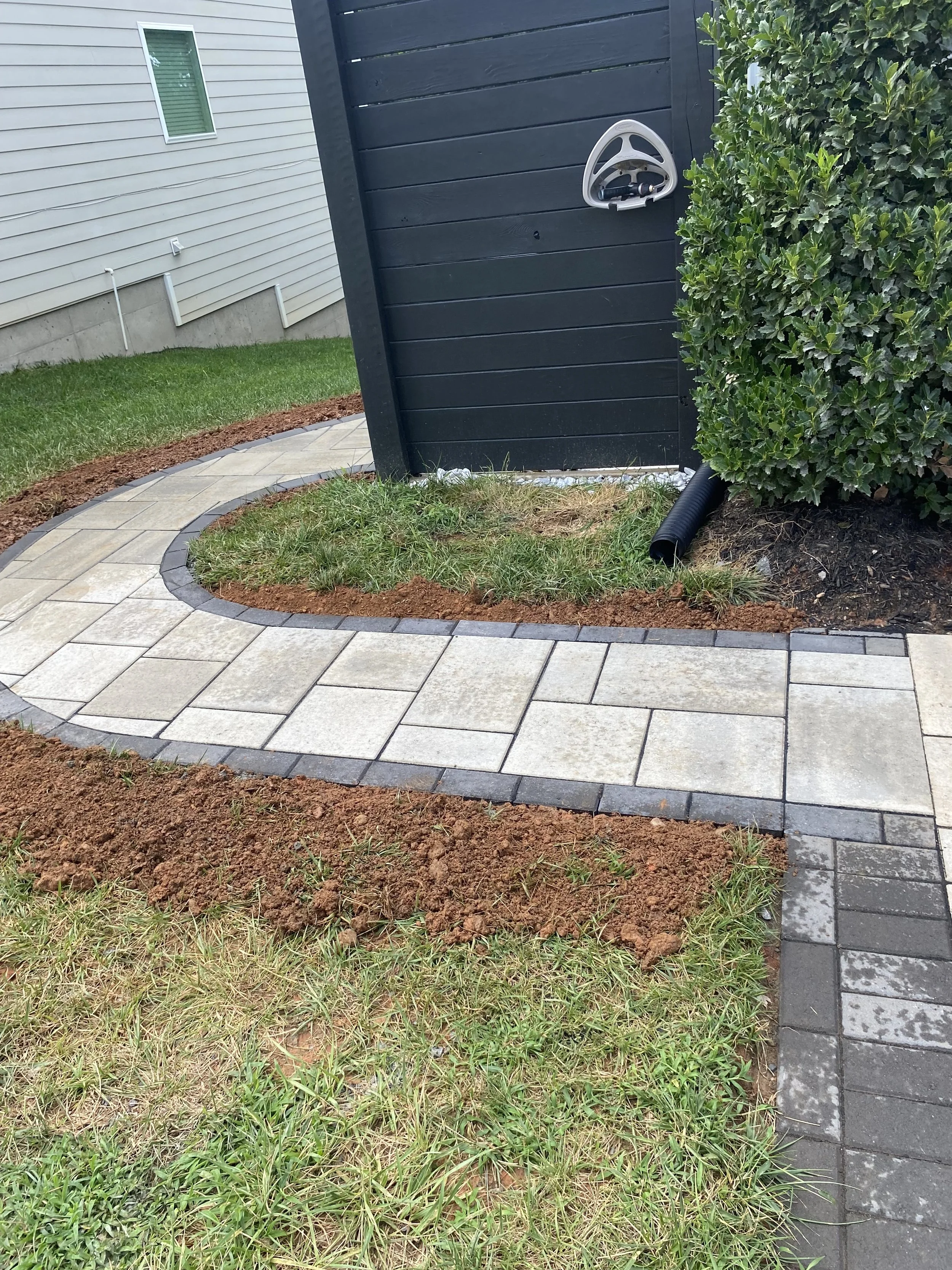 A newly paved brick walkway with a curved pattern, adjacent to a lush green grass lawn and a black wooden fence, with a black drain pipe and a shrub nearby.