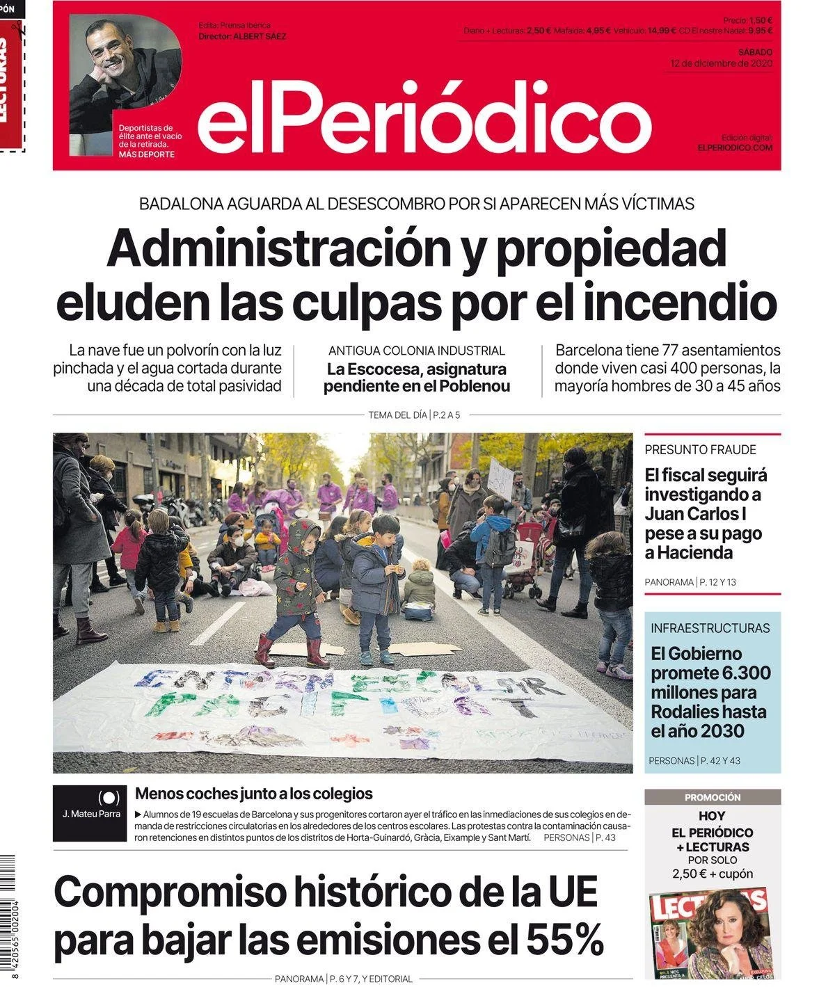 Front page of el Periódico newspaper, dated December 12, 2020, featuring a large photo of children protesting on the street, with banners, and adults observing around them.