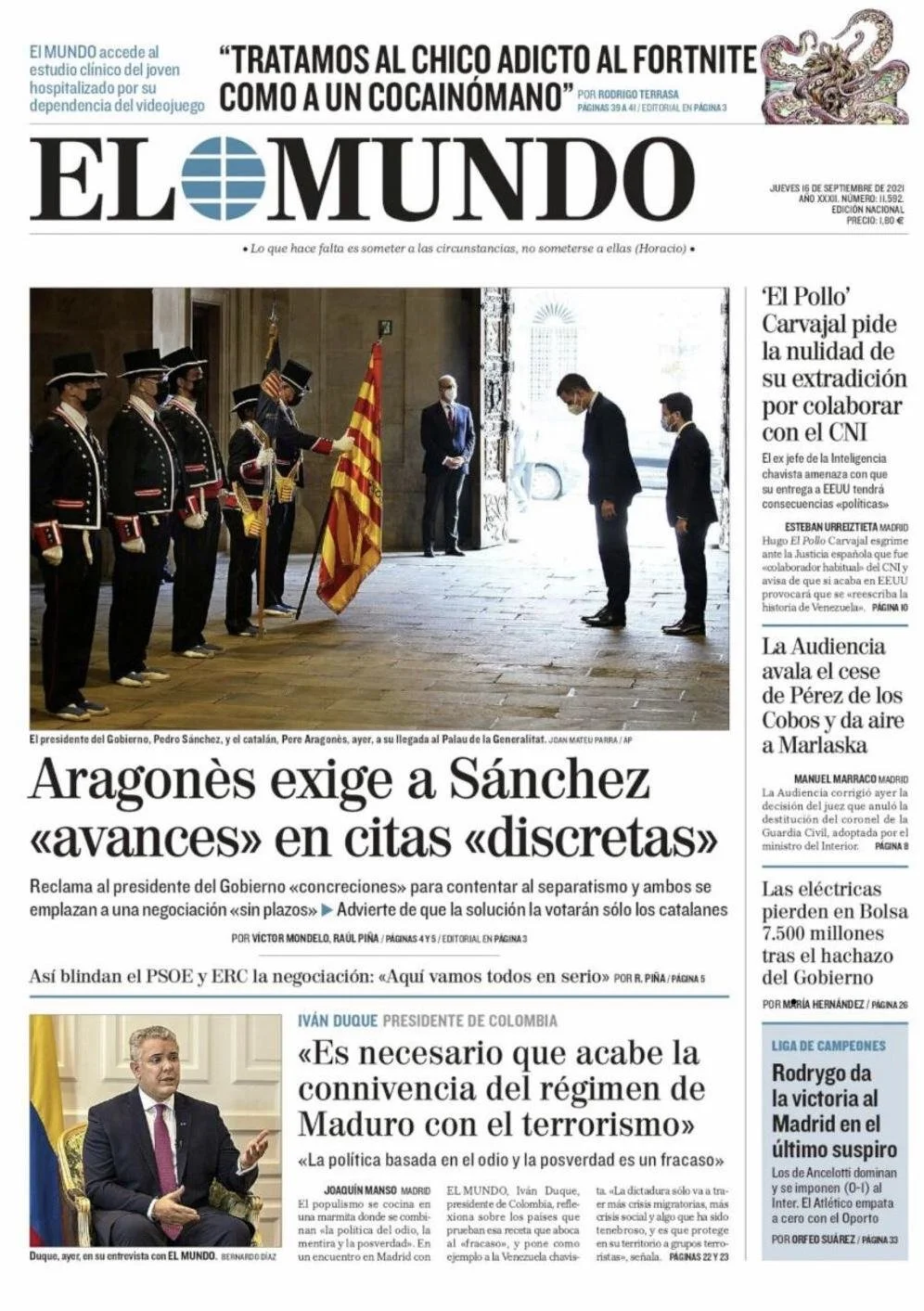 Front page of El Mundo newspaper with a photo of a formal meeting at a government building. Several officials bow their heads, including Pedro Sánchez, the Spanish president, and Pere Aragones, the Catalan president. Officers in uniform are holding f