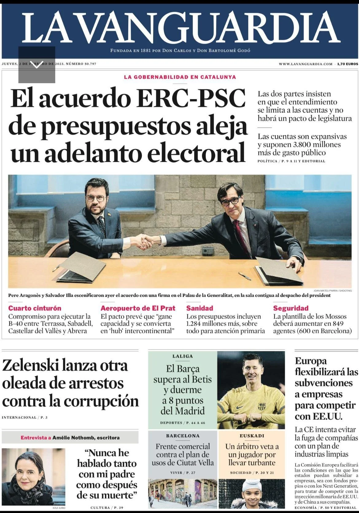 Front page of La Vanguardia newspaper with headlines about political agreements in Catalonia, arrests in corruption crackdown, sports update on Barcelona football team, and European subsidies for companies.