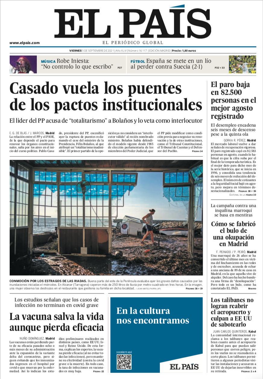 Front page of El País newspaper featuring a headline about bridges of institutional agreements, and a photo of a person walking amidst destruction caused by flooding, with structures damaged and debris scattered.