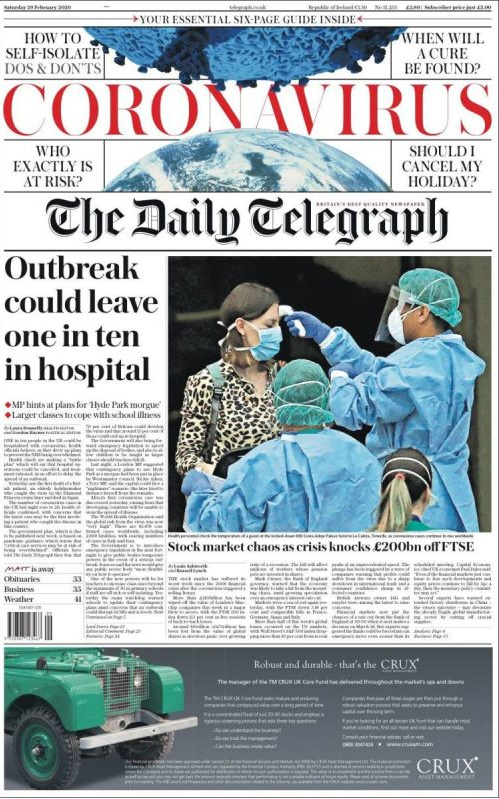Front page of The Daily Telegraph newspaper with headlines about coronavirus, offering guidance on self-isolation, vaccine timelines, risks, and holiday cancellations. The main image shows healthcare workers in protective gear testing a woman for COV
