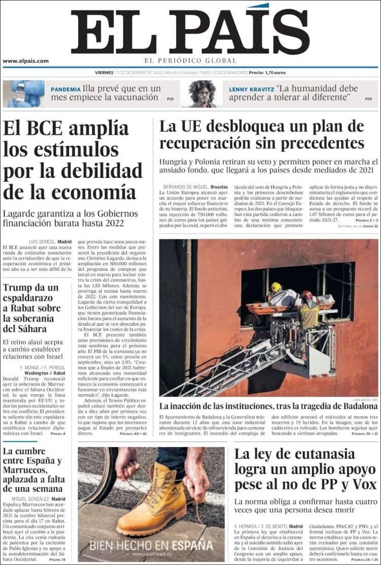 Front page of El País newspaper featuring headlines about economic stimulus, EU recovery plan, vaccination, a building fire in Badalona, and a photograph of construction rescue workers wearing helmets and harnesses.