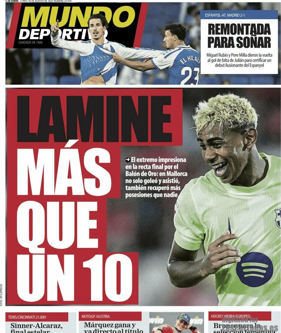 Sports newspaper cover featuring football players; main image of a smiling footballer with light blonde curly hair in a light green jersey with Spotify logo celebrating, and inset of two players in blue jerseys celebrating, with headlines in bold tex