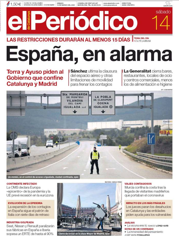 Front page of 'El Periódico de Catalunya' newspaper dated Saturday, March 14, 2020. The main headline reads 'Spain on alert' about COVID-19 restrictions. The photo shows a police officer controlling access to a highway in Igualada, with directional s
