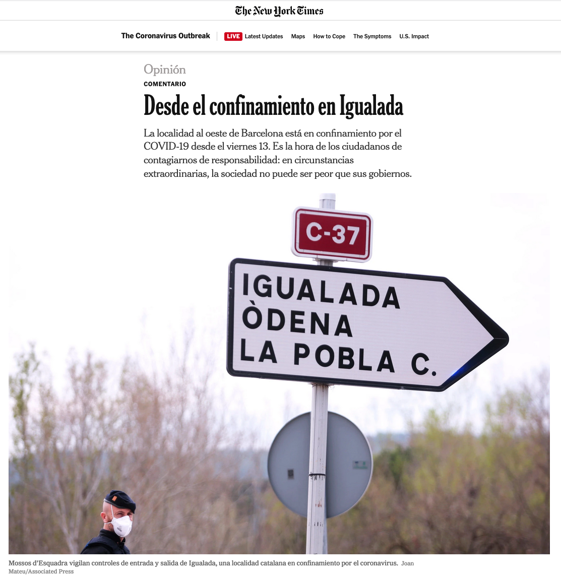A street sign with directions to Igualada, Òdena, and La Pobla C. A person wearing a mask and police uniform is visible at the bottom left corner, with a background of trees and an overcast sky.