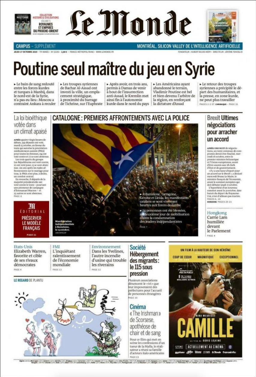 Front page of Le Monde newspaper featuring headlines about political tensions in Syria, Catalonia independence protests, Brexit negotiations, and migrant housing issues. Additionally, there is an advertisement for the film Camille and a cartoon illus
