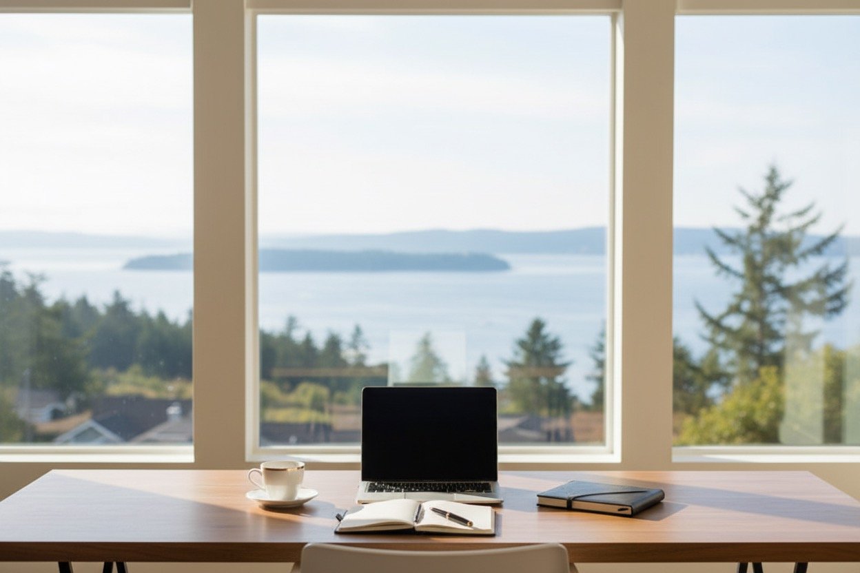 A desk overlooking the waters of Whidbey Island