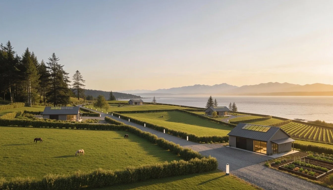 Sunset over farmland with rolling green fields, small farm buildings, horses grazing, and a body of water in the background.
