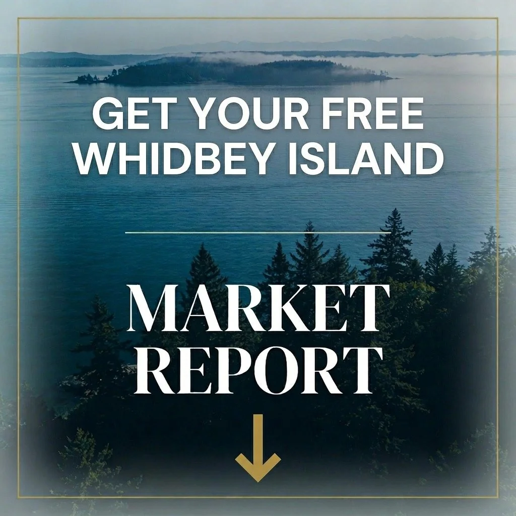 Promotional scenic image urging viewers to get a free market report for Whidbey Island.