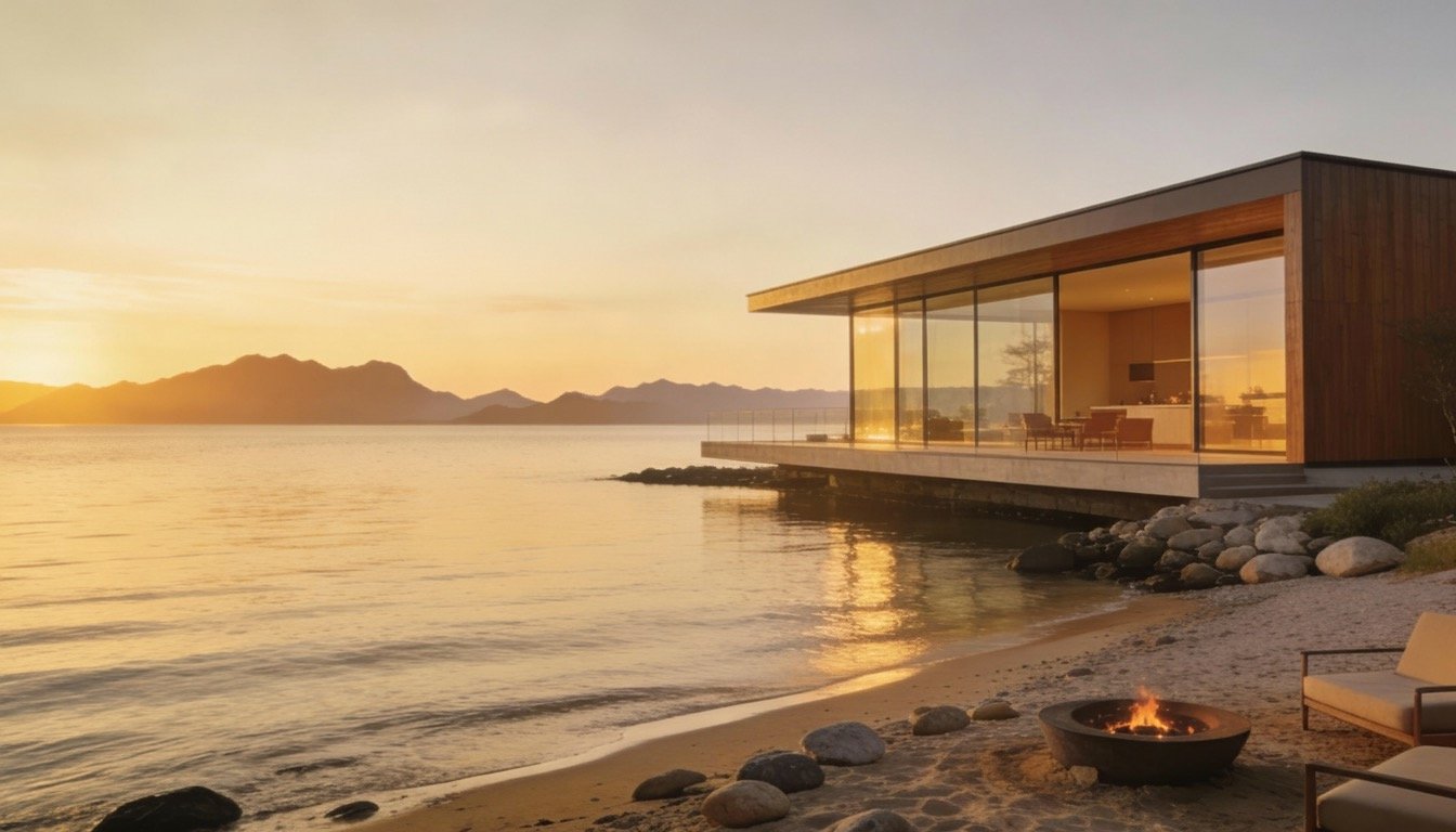Modern house on the water at sunset with a beach, fire pit, and mountain view.