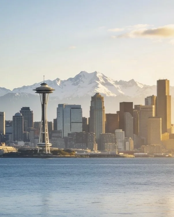 Seattle skyline with the Space Needle and snow-capped mountains in the background, seen across the water during sunset.