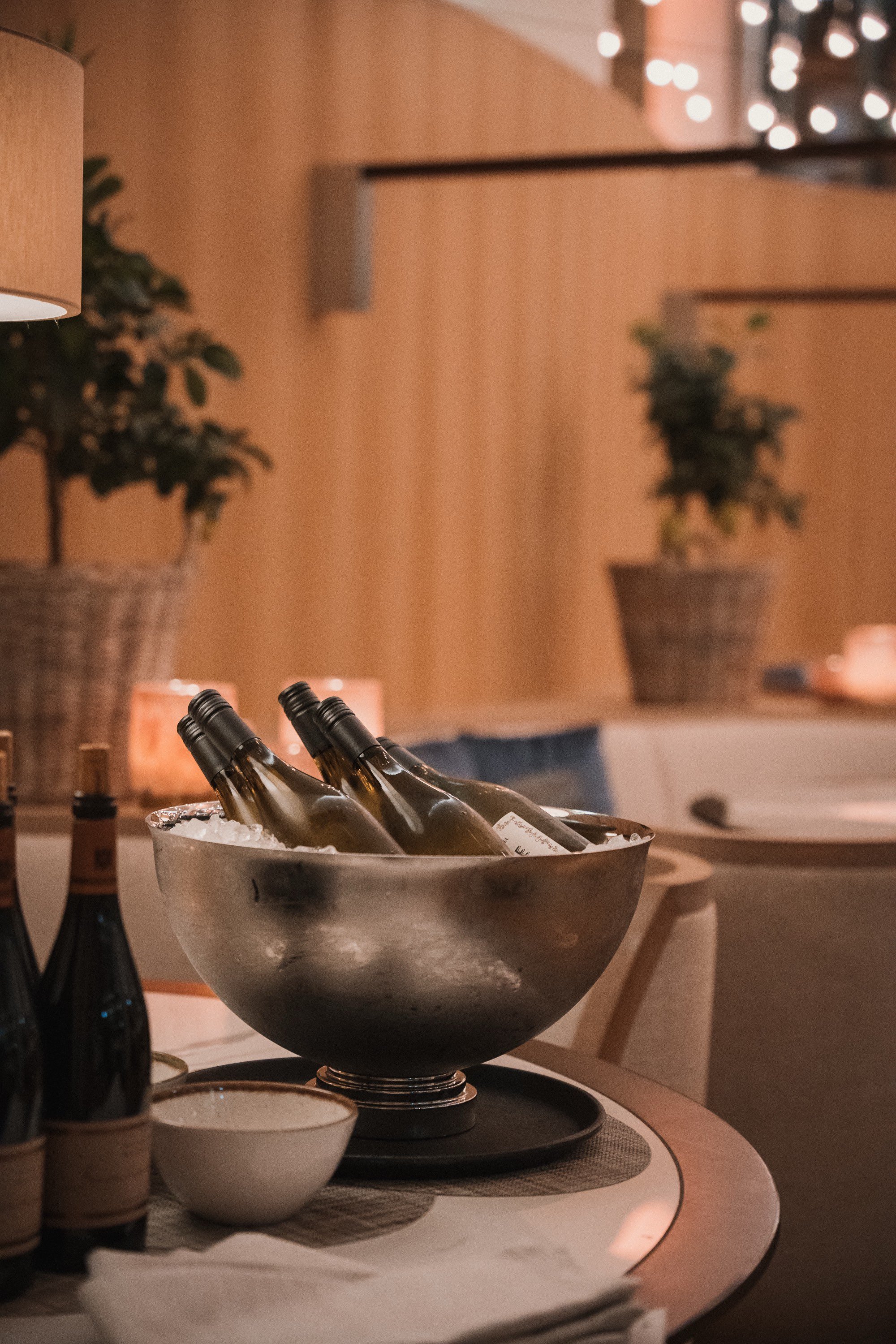 Bierflaschen in einer Eiswanne auf einem Tisch in einem gemütlichen Raum mit warmem Licht und Pflanzen.