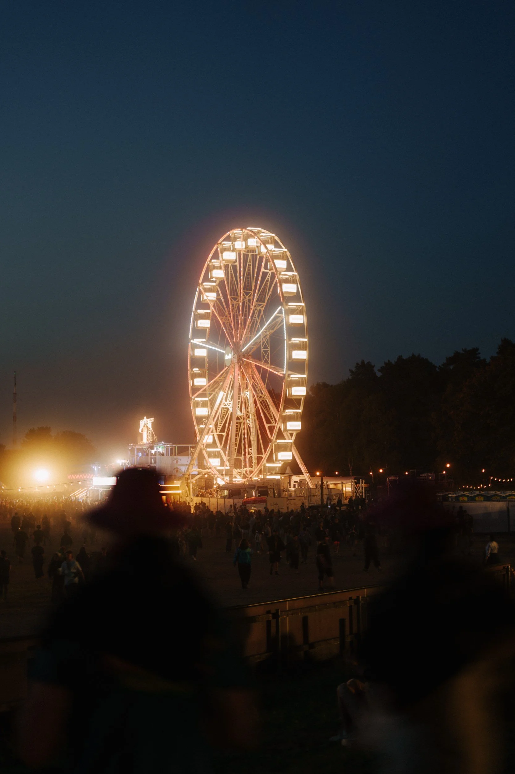 Nachtaufnahme eines beleuchteten Riesenrads bei einem Nachtmarkt mit vielen Menschen im Vordergrund.