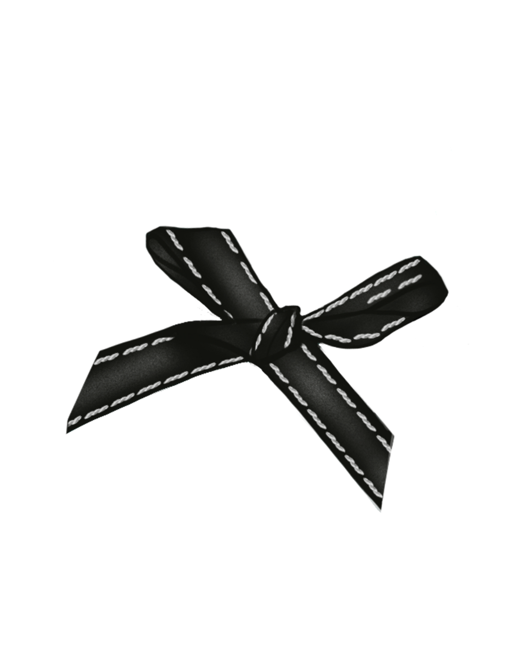Black ribbon with white stitching tied in a bow.