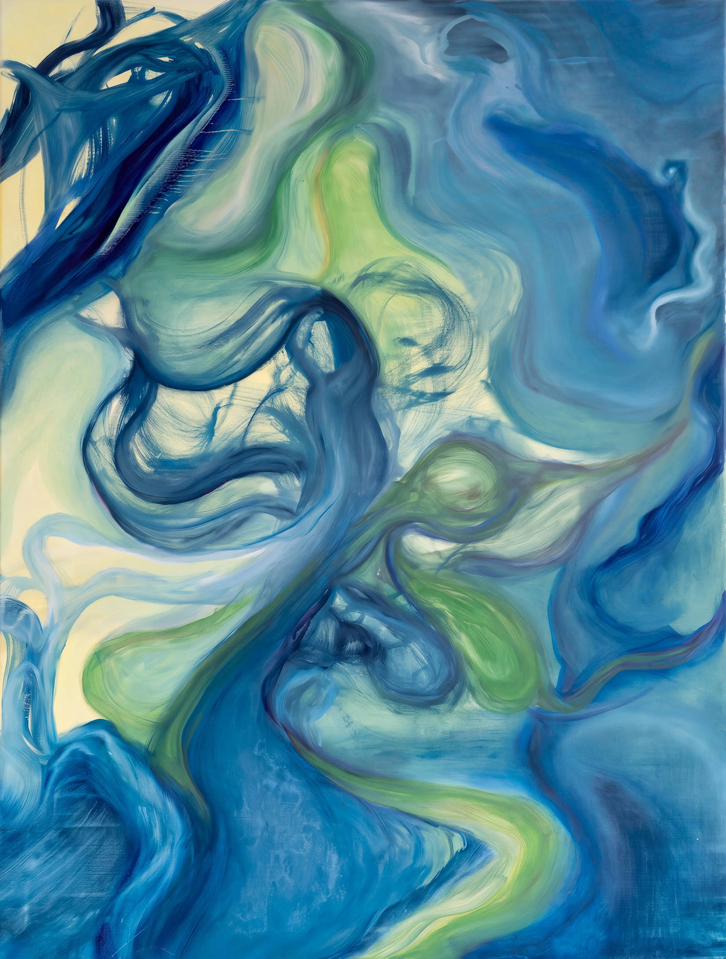 Abstract oil painting of intertwining cobalt blue, turquoise and pale green forms, with looping brushstrokes and areas of soft yellow.
