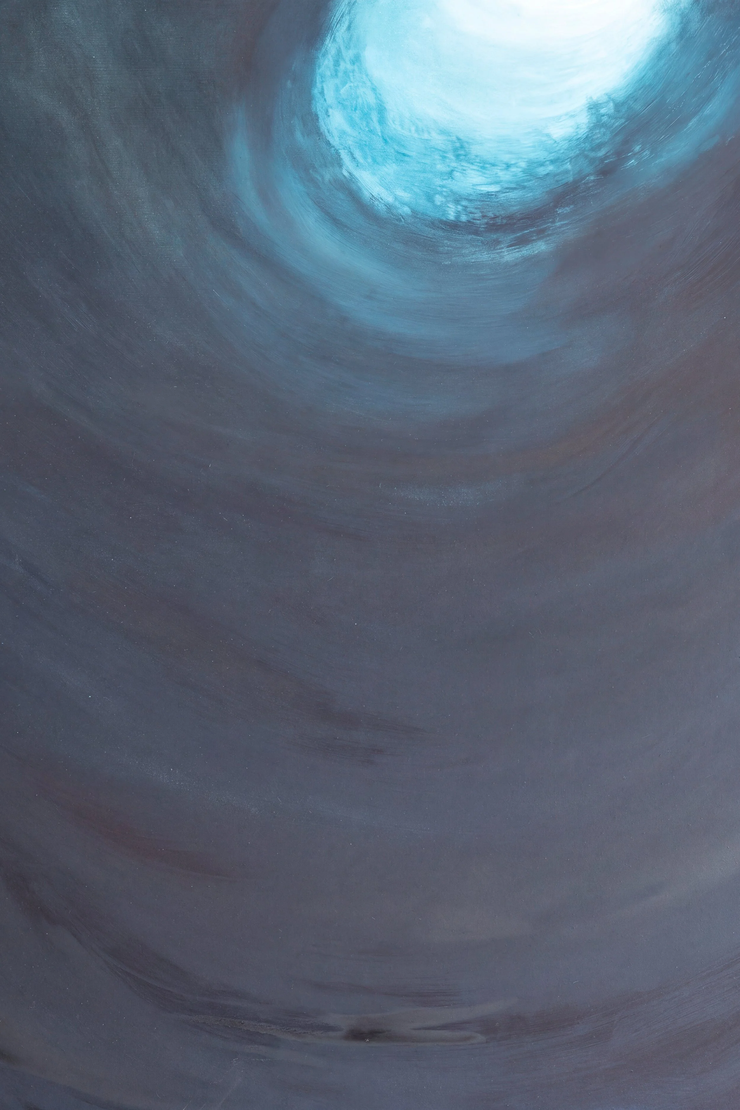 Abstract oil painting dominated by muted blue-grey tones, with a luminous turquoise-white opening surrounded by broad, circular brushstrokes.