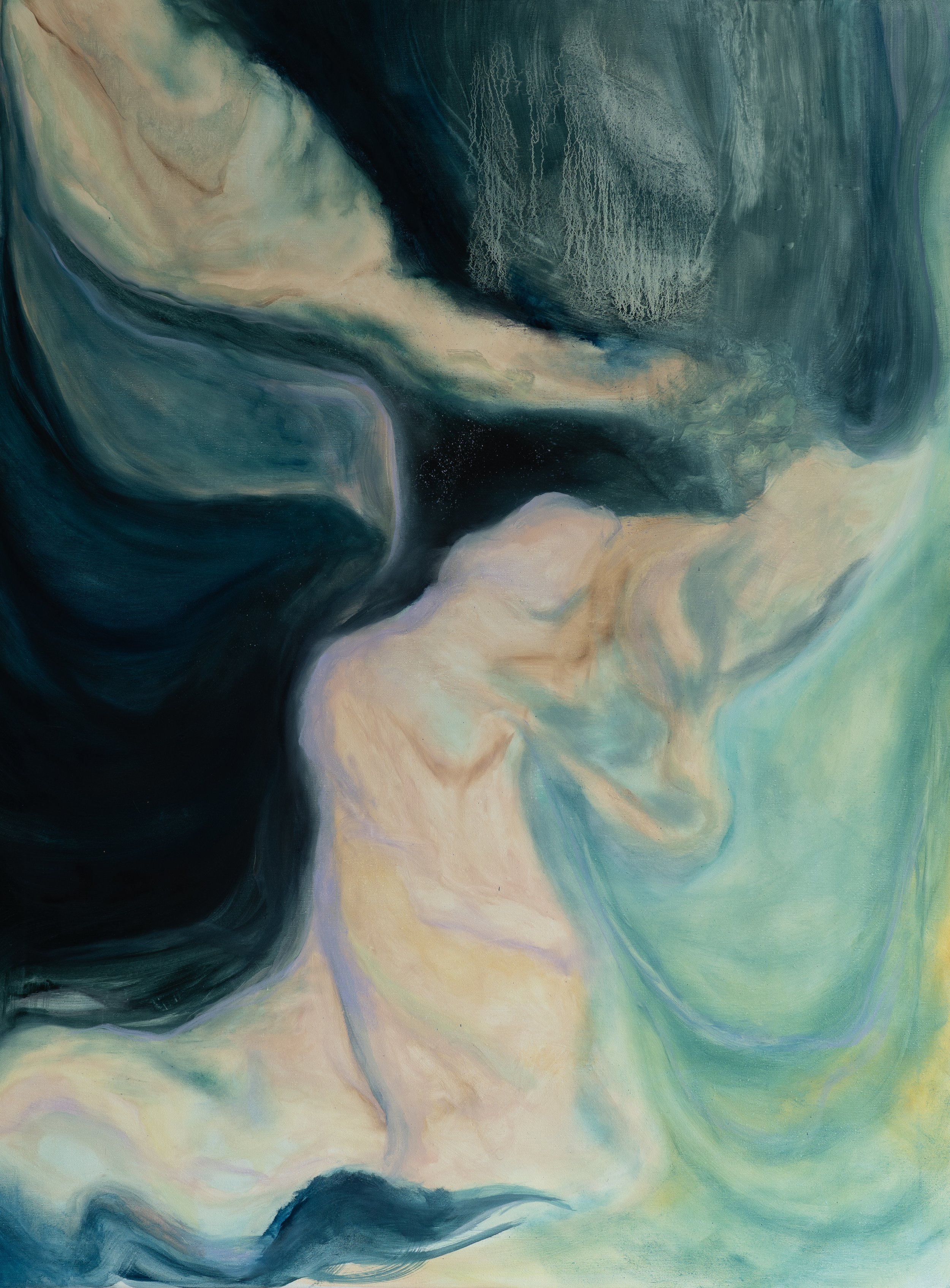 Abstract oil painting with flowing cream and pale turquoise forms surrounded by deep teal and dark blue, creating soft, swirling contrasts.