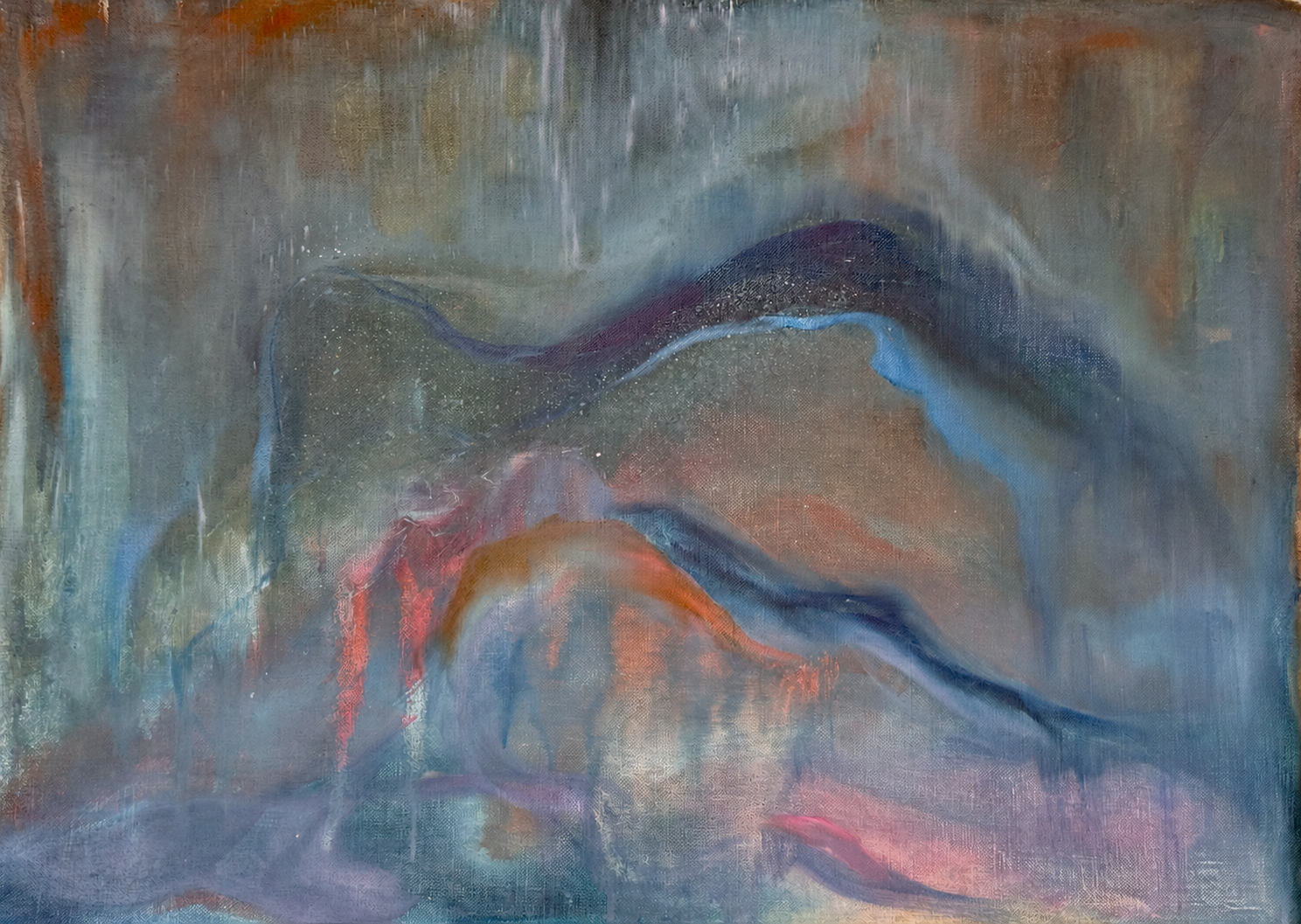 Abstract oil painting with soft layers of blue-grey, lavender and pink, crossed by sweeping indigo and coral-coloured forms.