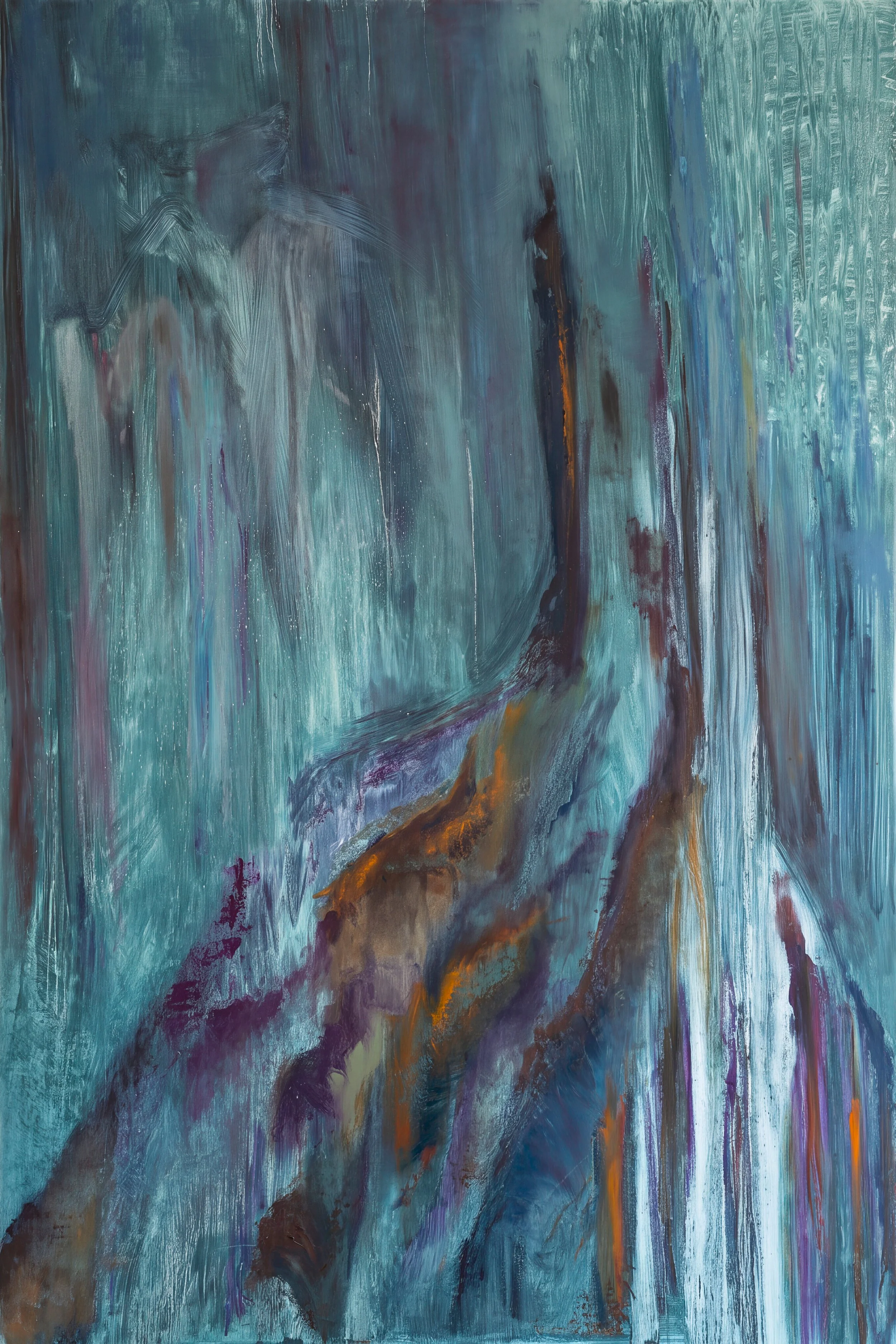 Abstract oil painting in turquoise and deep blue, with vertical textured brushstrokes, dark violet curves and rust-orange accents.