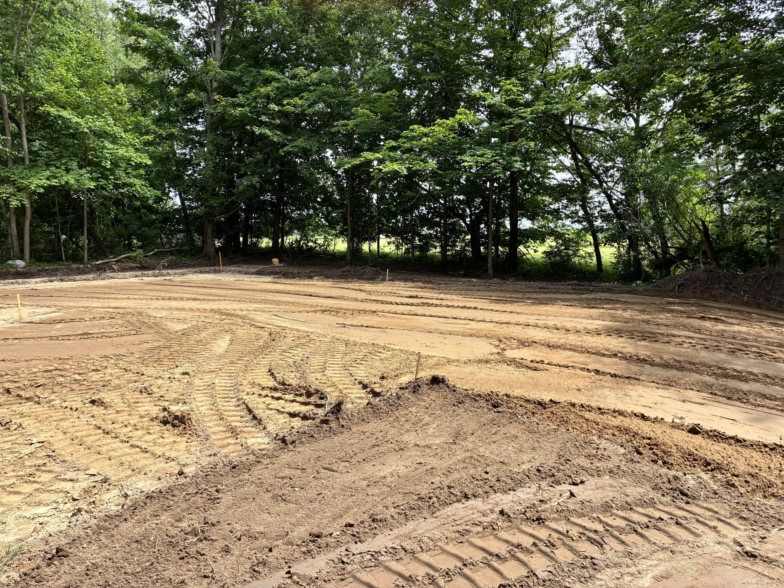A cleared dirt area with tire tracks and markers, bordered by a dense green forest of trees.