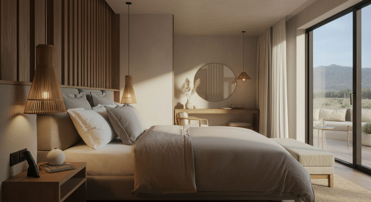 A modern bedroom with a large bed, wooden headboard, hanging lamps, a round mirror, a desk with a chair, and floor-to-ceiling sliding glass doors leading to an outdoor patio with a seating area and view of mountains.