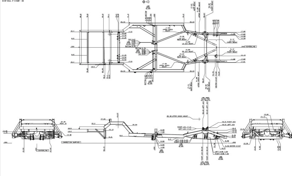 Technical blueprint of a vehicle chassis with detailed measurements and annotations.