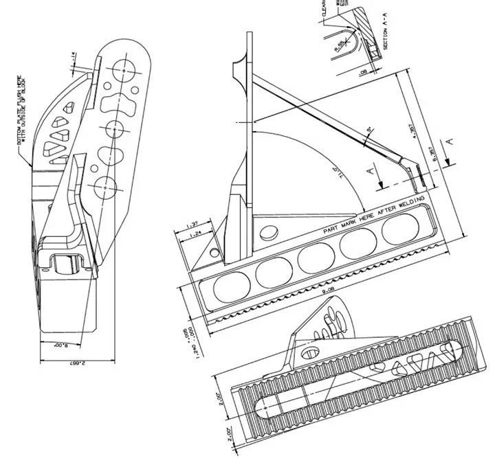 Technical engineering drawing of a mechanical device, showing multiple views with detailed measurements and annotations.