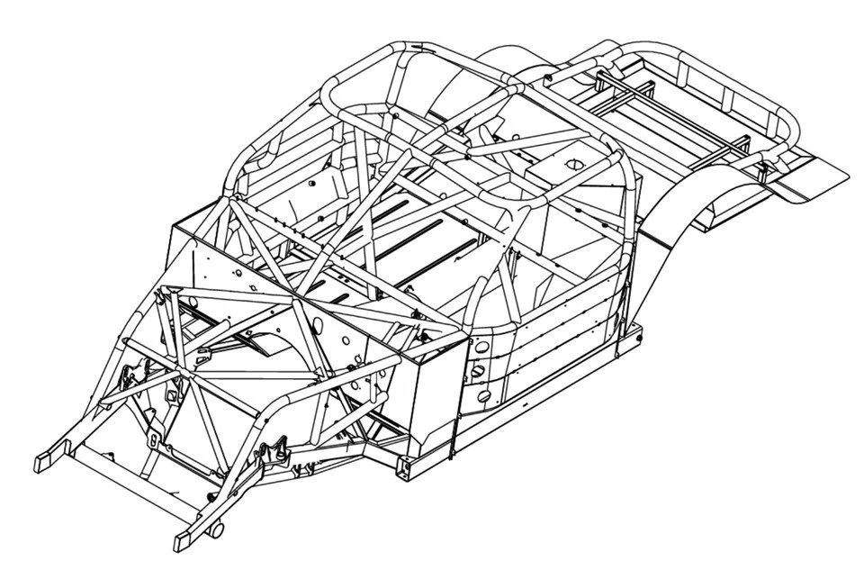 Line drawing of a race car chassis with structural framework and chassis components.