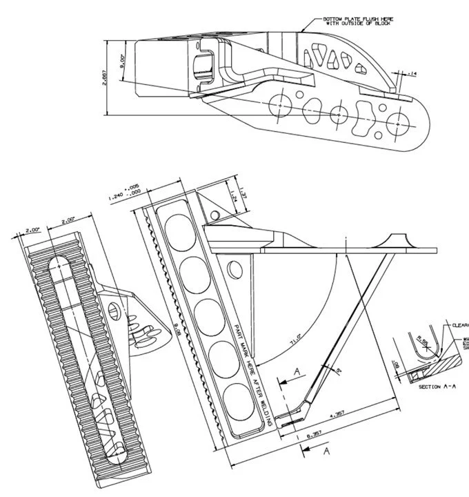Technical engineering drawing of a mechanical part, showing multiple views with detailed dimensions and annotations.