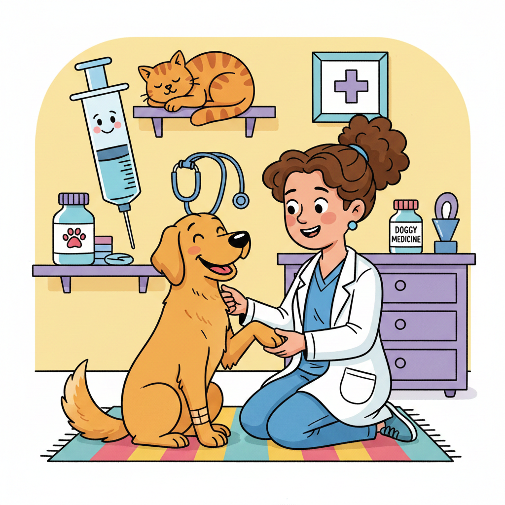 Smiling female veterinarian tending to a happy golden retriever dog during check-up in a veterinary clinic, with a sleeping cat on a shelf, medicine bottles, and pet care items visible in the background.