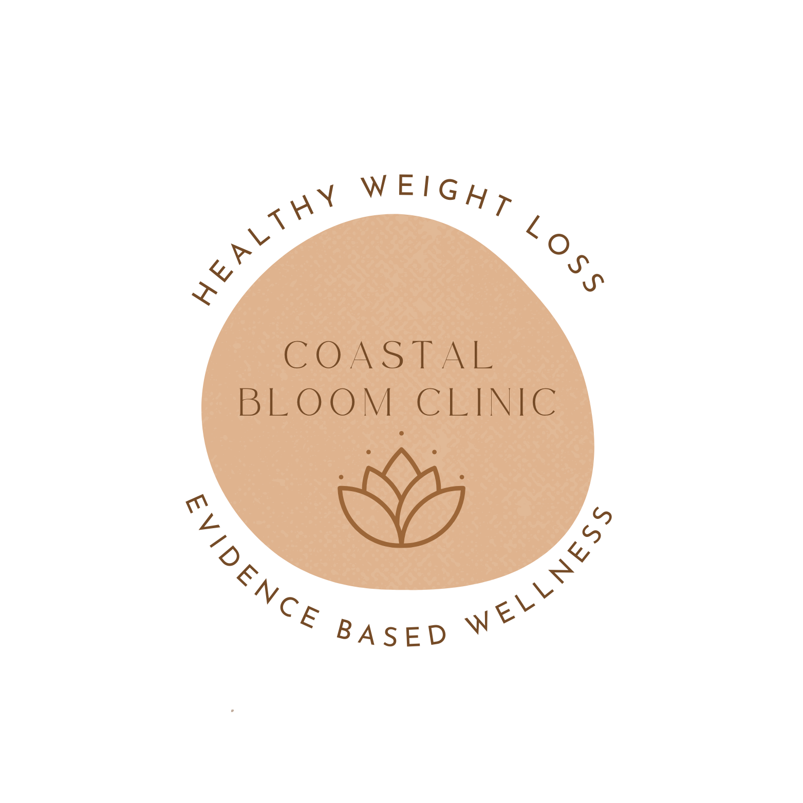 Logo for Coastal Bloom Clinic with a peach-colored background, a lotus flower icon, and text promoting health, weight loss, and wellness.