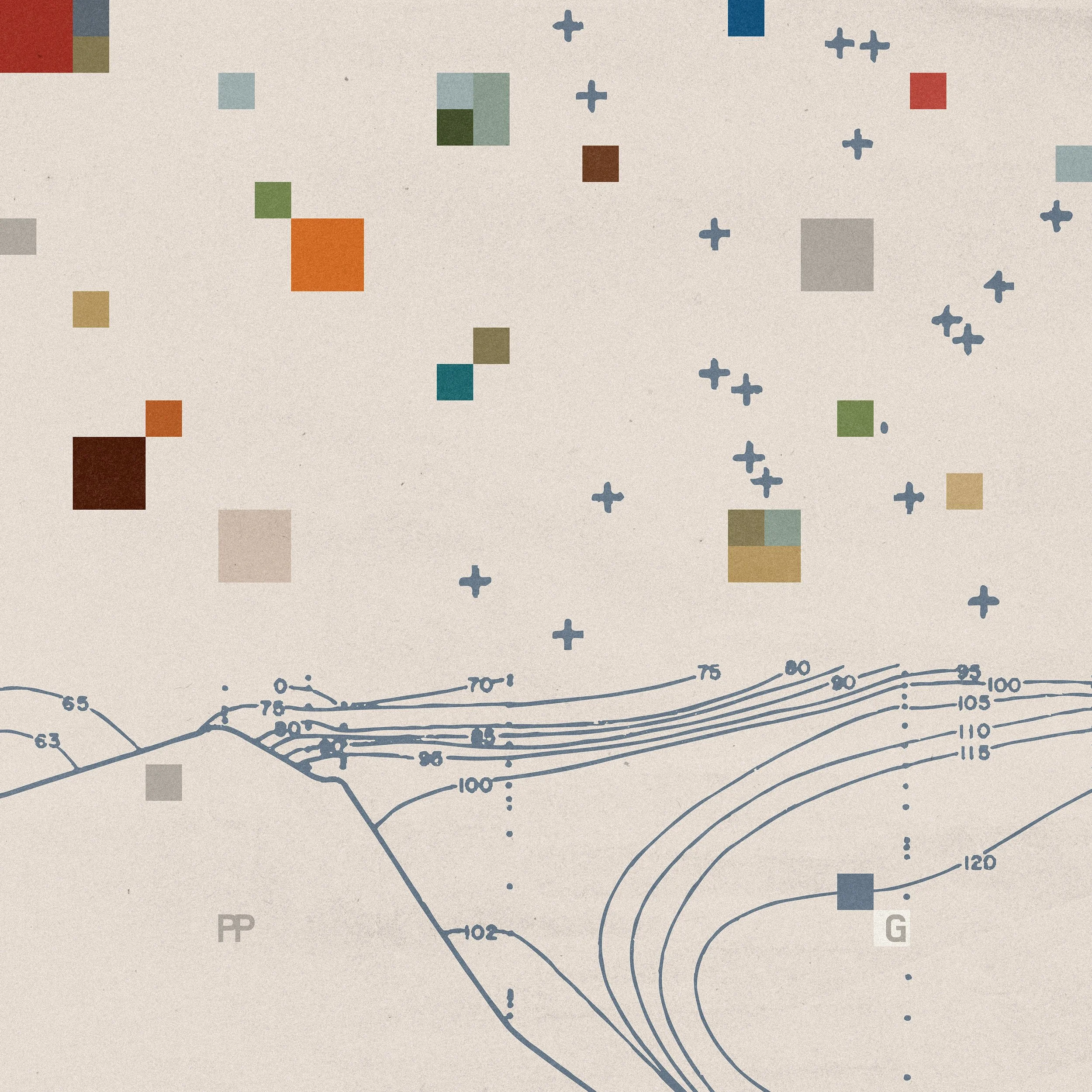 A topographic map with contour lines and elevation markings, featuring scattered colored squares and plus signs in the background.