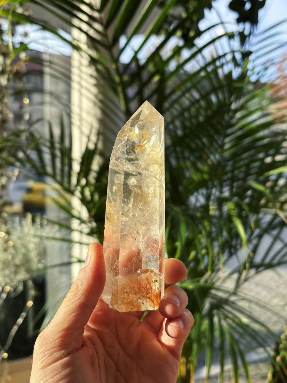 Golden Healer Kristallspitze wird in der Hand gehalten, warmes Licht betont die goldene Farbe des Steins.