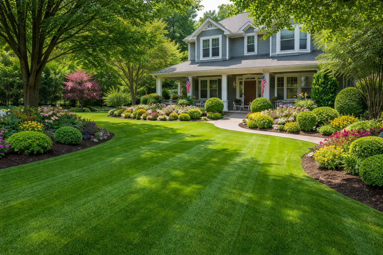 A well-maintained front yard with lush green grass, decorated with colorful flower beds, and a large house inside a suburban neighborhood, surrounded by trees.