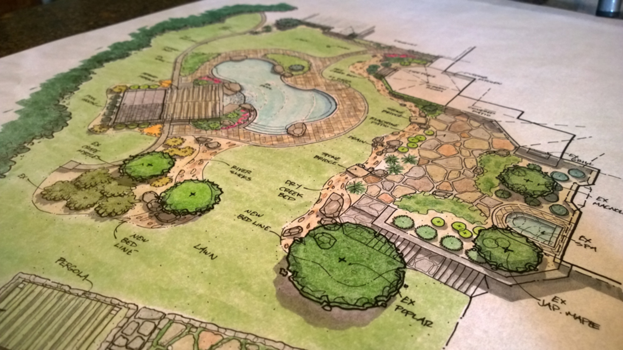 A detailed landscape design plan featuring a pond, pathways, trees, garden beds, a pergola, and various plants and features for an outdoor space.