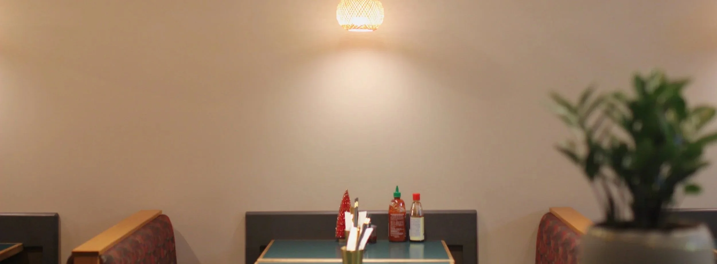 A dining area with a table set against a plain beige wall. On the table, there are bottles of ketchup and hot sauce, and a small decorative Christmas tree. To the right, part of a potted plant with green leaves is visible, and hanging from the ceilin